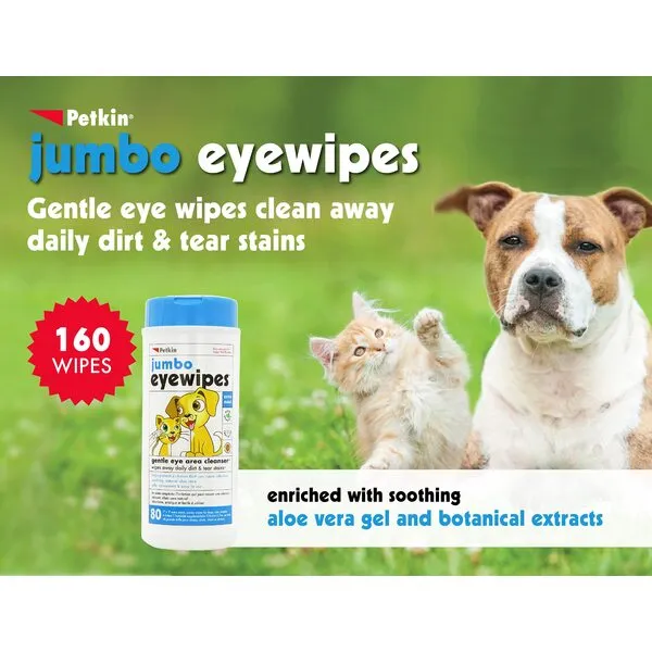 Petkin Jumbo Pet Eye Wipes, 80 Extra Moist Wipes - Gentle Eye Cleansing Wipes Remove Dirt, Discharge, & Tear Stains - Safe, Convenient, & Easy to Use Pet Wipes for Dogs, Cats, Puppies & Kittens