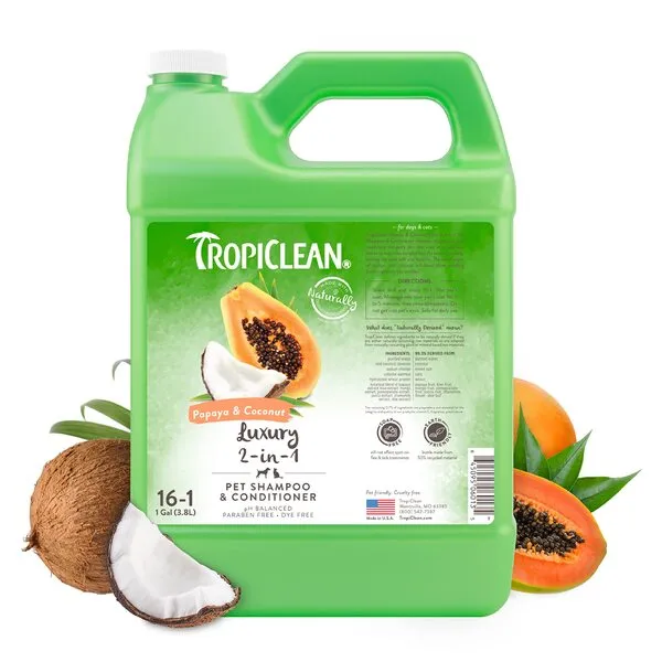 TropiClean 2-in-1 Papaya & Coconut Dog Shampoo and Conditioner | Natural Pet Shampoo Derived from Natural Ingredients | Cat Friendly | Made in the USA | 1 gallon