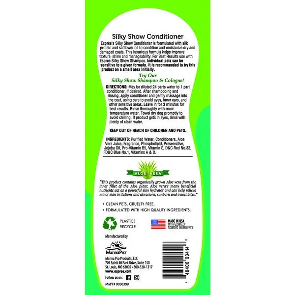 Espree Silky Show Conditioner For Dogs and Cats – Leaves Coats with Amazing Shine, Luster, and Easy Combing – Made with 100% Organically Grown Aloe Vera – 20 Ounces