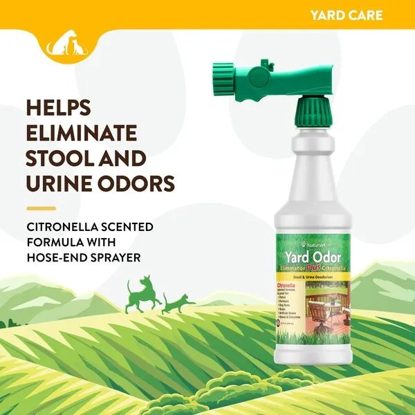 NaturVet – Yard Odor Eliminator Plus Citronella Spray – Eliminate Stool and Urine Odors from Lawn and Yard – Designed for Use on Grass, Patios, Gravel, Concrete & More – 32oz with Hose Nozzle