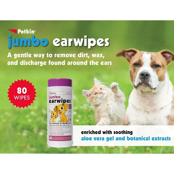 Petkin Jumbo Pet Ear Wipes, 80 Extra Moist Wipes - Soothing & Deodorizing Pet Ear Cleaner to Remove Dirt, Odor, & Wax - Safe, Convenient, & Easy to Use Pet Wipes for Dogs, Cats, Puppies & Kittens