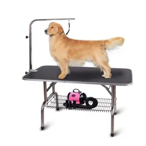 Polar Aurora Pingkay 46\'\' Black Heavy Duty Pet Professional Dog Show Stainless Steel Foldable Grooming Table w/Adjustable Arm & Noose & Mesh Tray