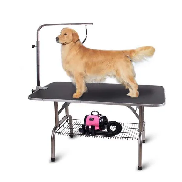 Polar Aurora Pingkay 46'' Black Heavy Duty Pet Professional Dog Show Stainless Steel Foldable Grooming Table w/Adjustable Arm & Noose & Mesh Tray