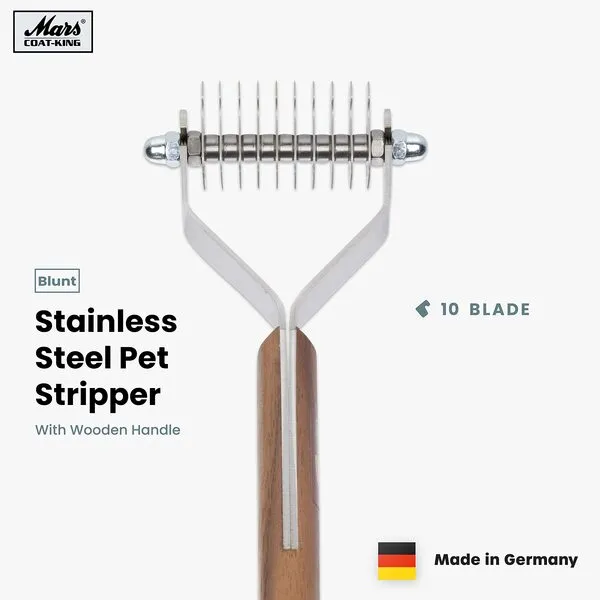 Mars Coat King Blunt Dematting Undercoat Grooming Rake Stripper Tool for Dogs and Cats, Stainless Steel with Wooden Handle, Made in Germany, 10-Blade