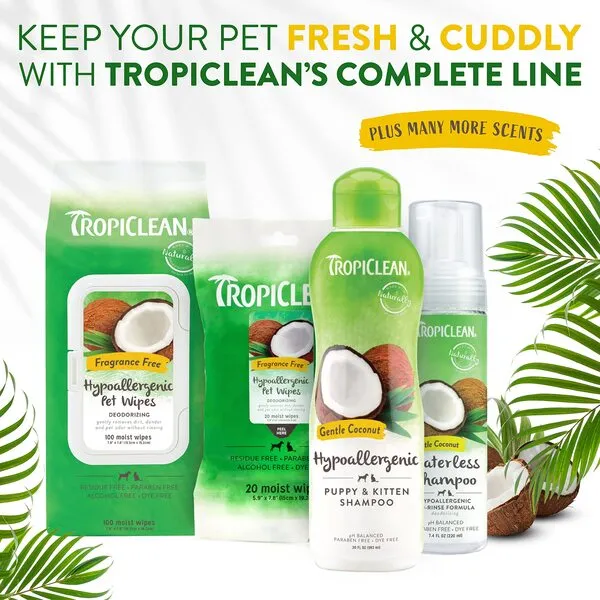 TropiClean Hypoallergenic Dog Wipes for Paws and Butt | Fragrance Free Dog Grooming Wipes | Safe for The Face | Puppy & Cat Friendly | 100 Count