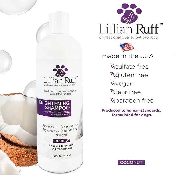 Lillian Ruff Ultra-Brightening Professional Whitening Shampoo for Dogs with Aloe & Coconut Oil for Dry Skin & Itch Relief - pH-Balanced Dog Whitening Shampoo Remove Stains, Yellowing, & Odor (16oz)