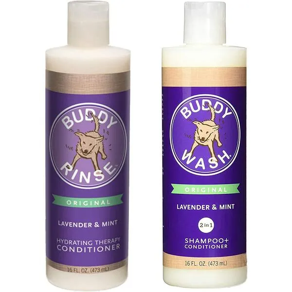 Cloud Star Shampoo and Conditioner Lavender & Mint Combo Pack for Dogs: (1) Buddy Wash 2 in 1 Shampoo + Conditioner and (1) Buddy Rinse Hydrating Therapy Conditioner (2 Bottles Total, 16 Ounces Each)