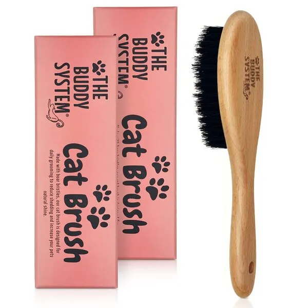 The Buddy System Cat Brush with Boar Bristle and Wooden Handle, Professional Grade Daily Grooming Hairbrush, Reduce Shedding, Soft Hair and Healthy Shine - Suitable for Kittens, Dogs and Puppies (2 Pack)