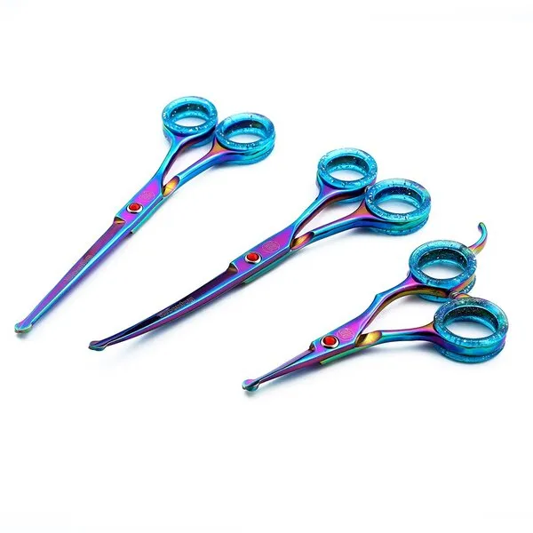 Moontay Sets of 3 Professional Safety Rounded Tips Pet Grooming Scissors Dogs&Cats Grooming Cutting Sheas and Rabbit Chunker Shears (A-Rainbow)