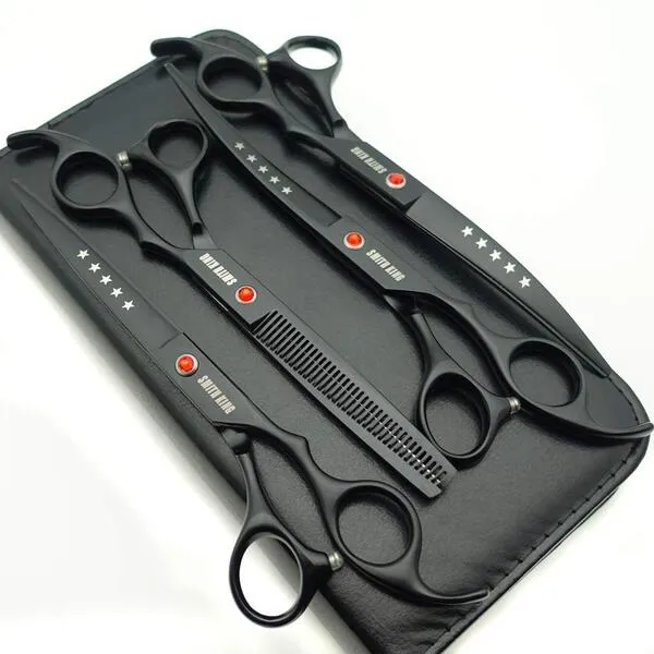 7.0in Professional Pet Grooming Scissors set,Straight & Thinning & Curved scissors 4pcs set for Dog grooming (Matt Black)