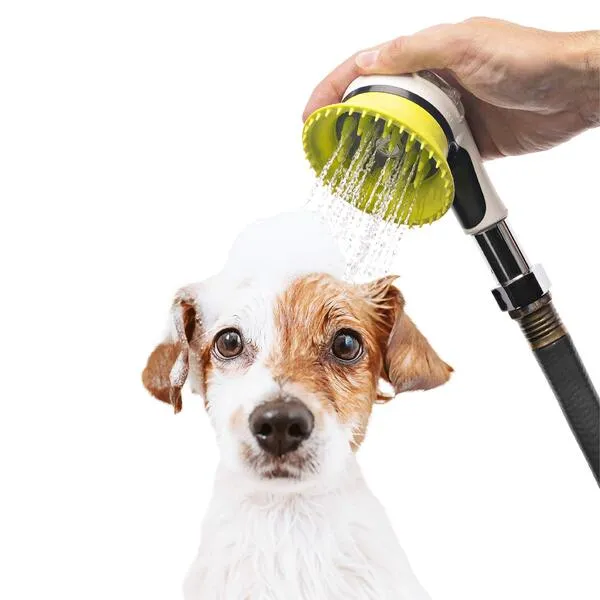 Wondurdog Outdoor Garden Hose Nozzle for Dog Washing with Splash Shield Handle and Rubber Grooming Teeth. Metal Connector and Water Pressure Control. Wash Your Pet. Don’t Get Wet!