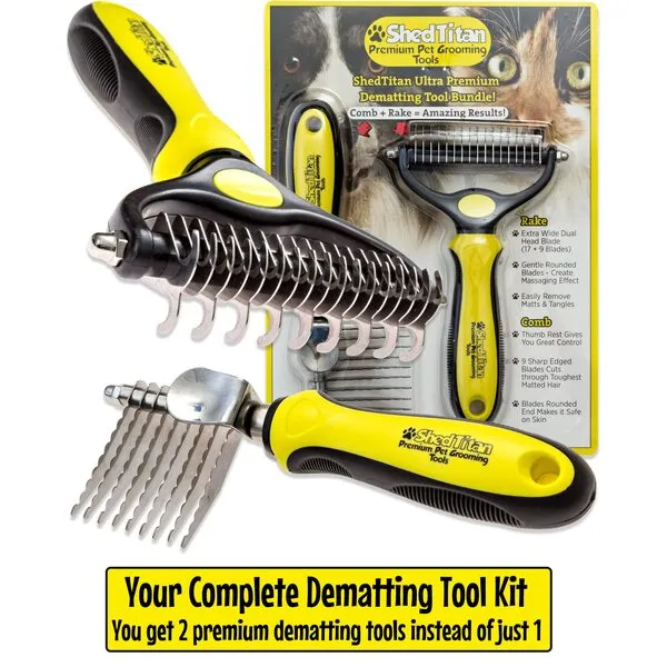 ShedTitan Dematting Comb for Dogs Cats & 2 Sided Undercoat Rake Dematting Tool Bundle - Easy & Safe Detangler Brush for Matted Hair