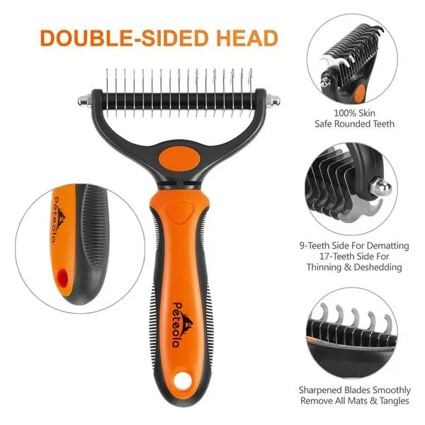 Peteola Pet Grooming Brush - 2 Sided Undercoat Rake for Cats & Dogs Comb - No More Nasty Shedding and Flying Hair - The Safe Dog Hair & Cat Hair Shedding Tool