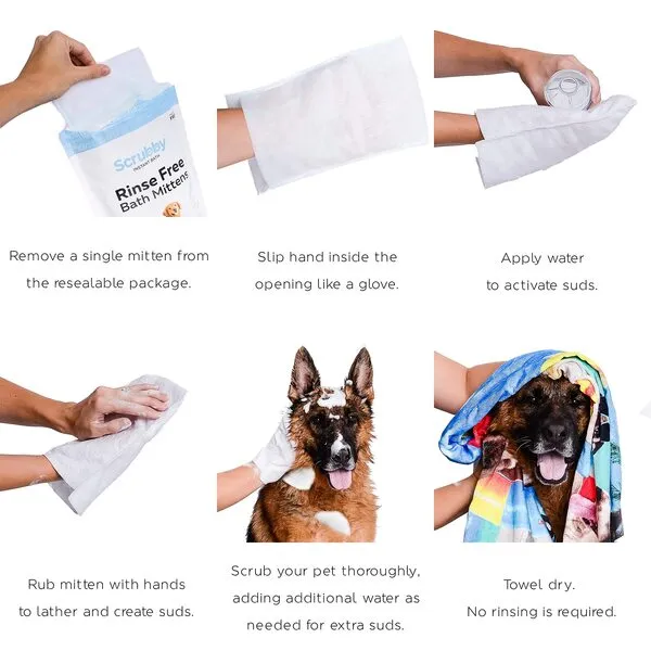 Scrubby Pet No Rinse Pet Wipes, Rinse Free Shampoo Mittens for Dogs and Cats, Bath Wipes for Bathing and Washing Pets, Hypoallergenic No Rinse Wash Mitt for Grooming, Lather Wipe Dry - 15 Pack