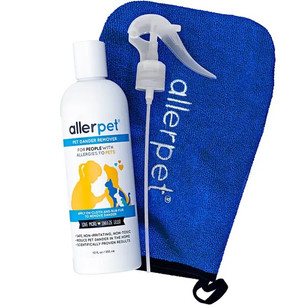 Allerpet Multi-Pet Dander Remover with FREE Application Mitt & Sprayer - Best Pet Dander Remover for Allergens - For Dog/Cat Dry Skin Treatment - Made in USA - (12oz)