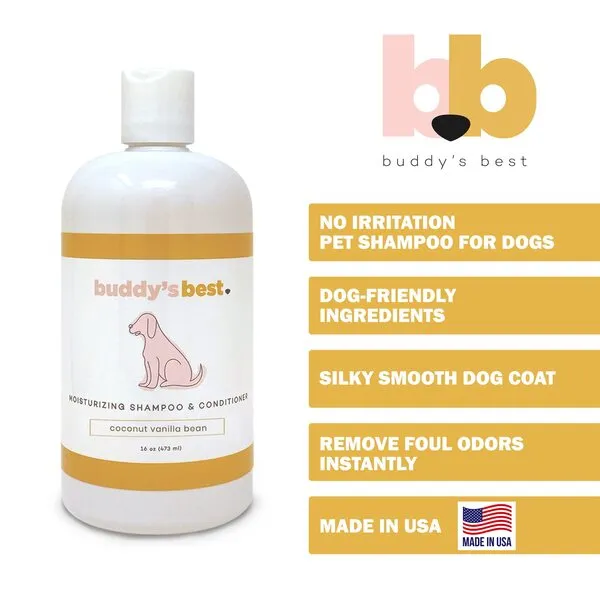 Buddy's Best Dog Shampoo for Smelly Dogs - Dog Shampoo and Conditioner for Dry and Sensitive Skin - Moisturizing Puppy Wash Shampoo, Coconut Vanilla Bean Scent, 16oz