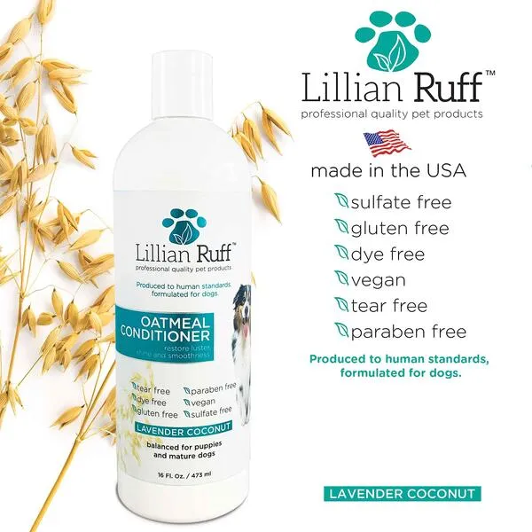 Lillian Ruff Calming Oatmeal Pet Conditioner for Dry Skin & Itch Relief with Aloe & Hydrating Essential Oils - Replenish Moisture & Deodorize - Dog Conditioner for Normal/Sensitive Skin (16oz & Brush)