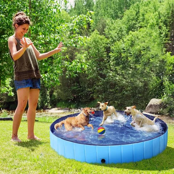 Yaheetech Foldable Dog Pool 63 x 12 Inches Collapsible Hard Plastic Pet Swimming Pool Portable Dog Bath Tub Puppy Cat Shower Pet Wading Pool for Outdoor/Indoor w/Pet Brush&Repair Patches, Blue