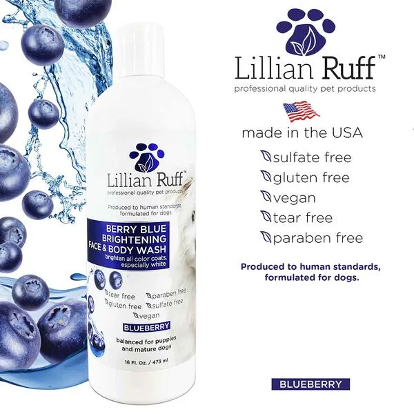 Lillian Ruff Berry Blue Brightening Face and Body Wash for Dogs and Cats - Tear Free Blueberry Shampoo - Remove Tear Stains, Hydrate Dry Itchy Skin, Add Shine & Luster to Coats - Made in USA (16oz)