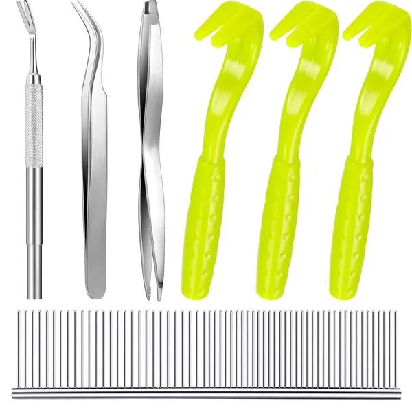 Tick Removal Tool Kit, Include 3 Pieces Plastic Removers, 3 Pieces Stainless Steel Tweezers with Comb for Dog and Cats (Fluorescent Green)