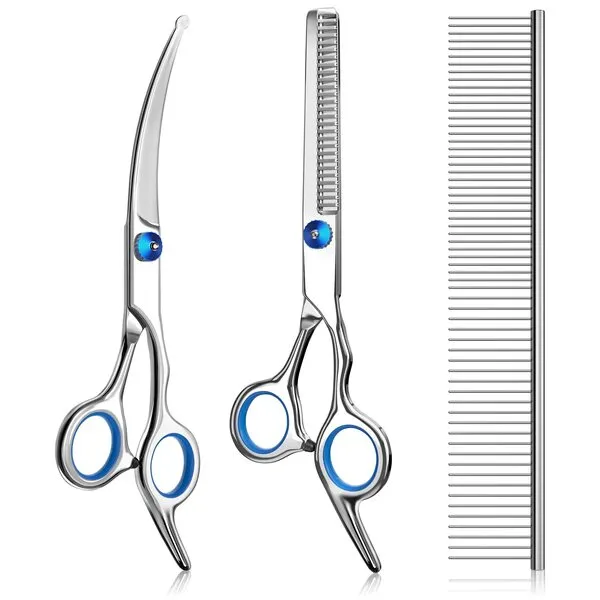 Pets vv 3 Pack Dog Grooming Scissors with Safety Round Tip, Perfect Stainless Steel Up-Curved Grooming Scissors Kit Thinning Cutting Shears Comb Pet Dog Grooming Supplies Trimmer for Dogs and Cats