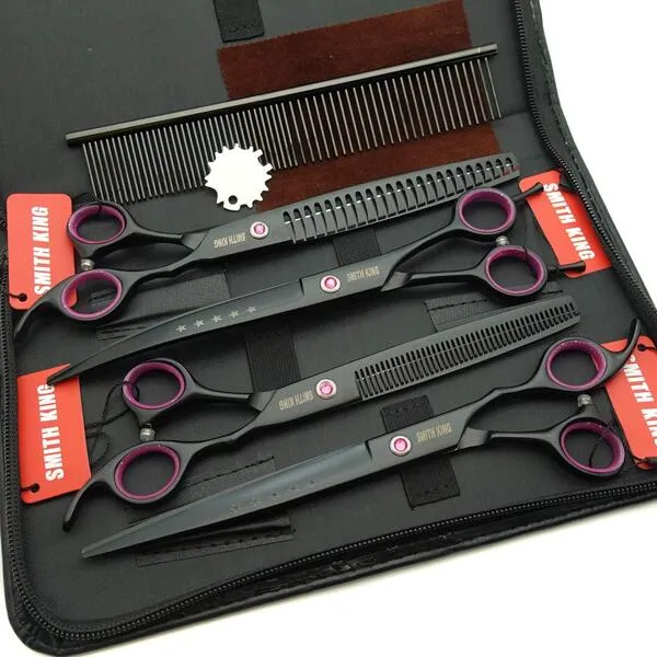 8.0 inches Professional Dog Grooming Scissors Set Straight & thinning & Curved & chunkers 4pcs in 1 Set (with Comb)