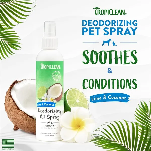 TropiClean Lime & Coconut Dog Perfume Spray Long Lasting | Naturally Derived Odor Removing Dog Deodorizing Spray | Cat Friendly | Made in USA | 8 oz.