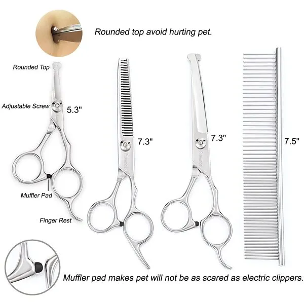 Freewindo Dog Grooming Scissors Kit, Safety Round Tip, Heavy Duty Stainless Steel Dog Scissors and Dog Nail Clippers, 6 in 1 Dog Grooming Kit Scissors for Dogs and Cats