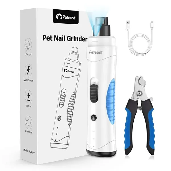 Peteast Electric Dog Nail Grinder Professional, Upgraded Type C W LED Lighting, Quiet Painless Safe Smooth Paw Grooming, Powerful 7 Speeds Clipper Trimmer (White)