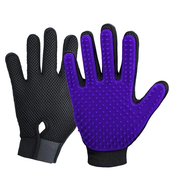 Upgrade Version Pet Grooming Glove - Gentle Deshedding Brush Glove - Efficient Pet Hair Remover Mitt - Enhanced Five Finger Design - Perfect for Dog & Cat with Long & Short Fur - 1 Pair (Purple)