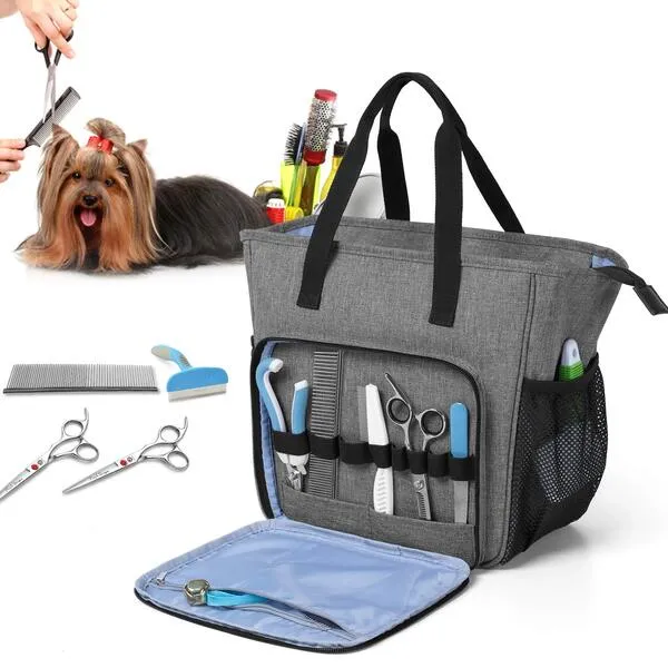 Teamoy Pet Grooming Tote, Dog Grooming Supplies Organizer Bag for Grooming Shears, Deshedding Tool, Towels, Shampoo and More, Gray