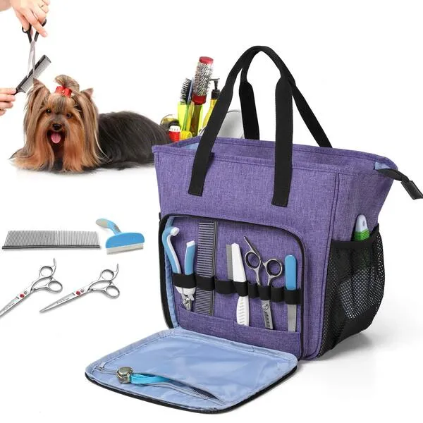 Teamoy Pet Grooming Tote, Dog Grooming Supplies Organizer Bag for Grooming Shears, Deshedding Tool, Towels, Shampoo and More, Purple