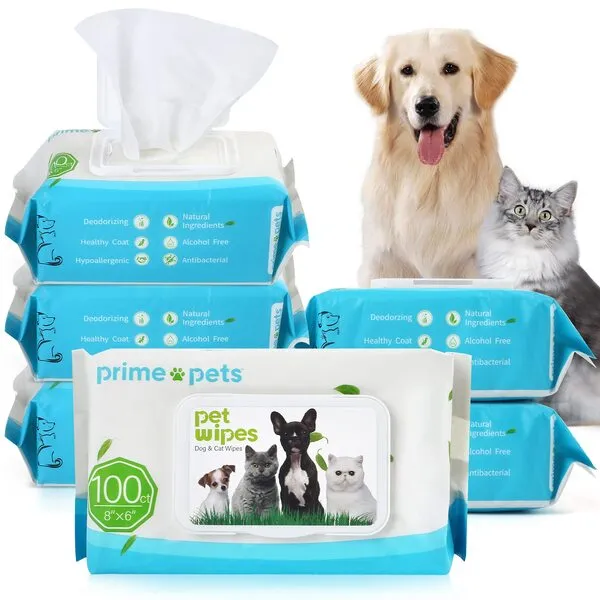 PrimePets Dog Grooming Wipes, 600 Count, 6x8 Inch Deodorizing Wipes for Dogs & Cats, 100% Fragrance Free, Natural Pet Wipes for Cleaning Face Bum Eyes Ears Paws Teeth, Dog Wipes