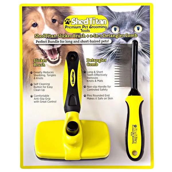 ShedTitan Slicker Dog Brush for Goldendoodles, Poodles & Dematting Pet Comb Value Kit - Easy Self Cleaning Slicker Brush for Grooming Dogs, Golden Doodle, Poodle, Cats - Detangler Comb Safely Removes Matted Fur