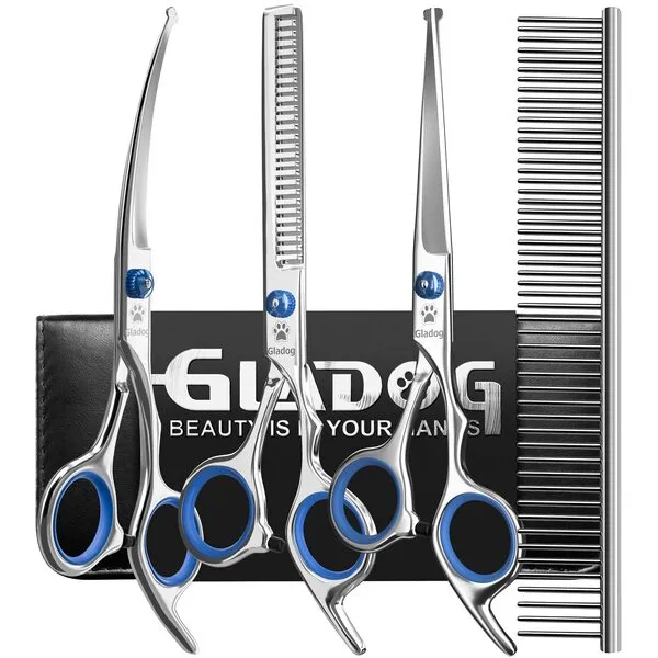 GLADOG Professional 5 in 1 Dog Grooming Scissors Set with Safety Round Tips, Sharp and Durable Pet Grooming Shears for Cats