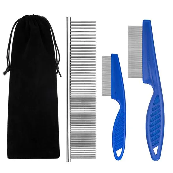 BENSEAO Flea Comb for Cats Dog Comb Lice Comb Metal Teeth Durable Tear Stain Dog Combs Remove Float Hair Combing Tangled Hair Dandruff Pet Comb Grooming Set 3 Pieces Add Storage Pouch (Blue)