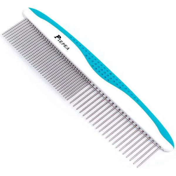 Piepea Pet Comb, Stainless Steel Teeth Comb for Dogs & Cats, Pet Hair Comb for Home Grooming Kit, Removes Knots, Mats and Tangles, 7 1/4