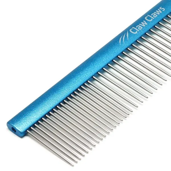 Claw Claws Comb with Oval Handle for Dogs and Cats, Removing and Shedding Matted, Tangled Hair, Metal Comb with Stainless Steel Pins, Detangling Grooming Tool, Pet Comb (Blue-20% fine pins, M)