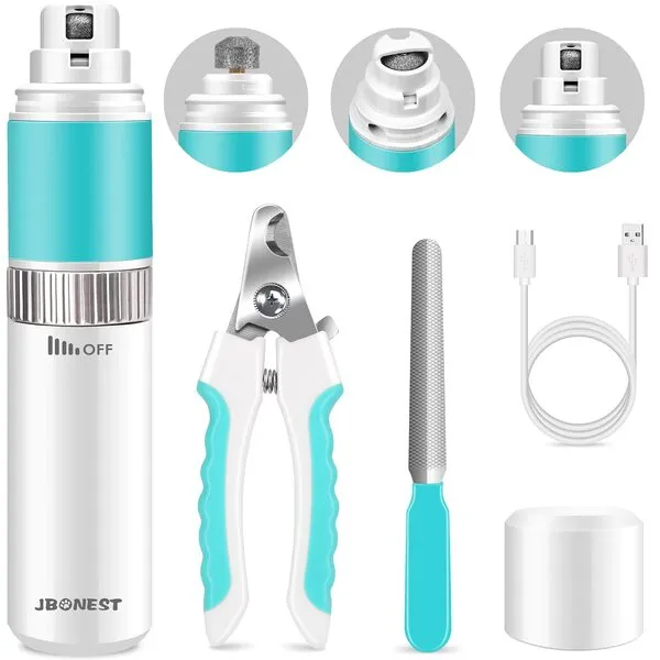 JBonest Dog Nail Grinder Quite with 20h Working Time, Stepless Speeds Rechargeable Pet Claw Trimmer with Clipper and File for Large Medium Small Dogs Cats Pets