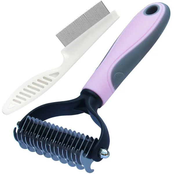 Dog Hair Comb for Shedding，Pet Grooming Tool，Double Sided Shedding and Dematting Undercoat Rake Comb for Dogs and Cats，Cat and Dog Flea Comb Set (Pink/16 tooth)