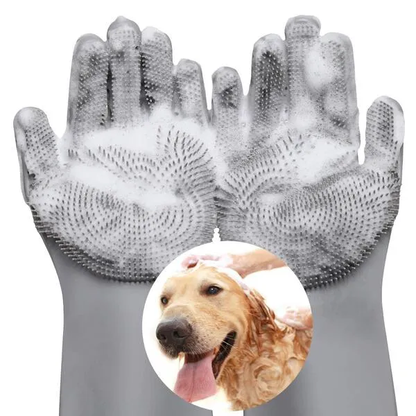 VavoPaw Pet Hair Remover, Gentle Magic Pet Grooming Gloves, Efficient Deshedding Glove for Dogs and Cats with Long & Short Fur, Bathing Shampoo Gloves Brush - Gray