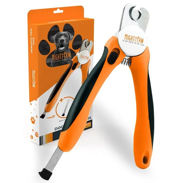 Mighty Paw Dog Nail Clippers | Pet Claw Trimmers & File Grooming Set with a Built-in Safety Guard to Avoid Cutting Too Short. Sharp Stainless Steel Blade & Ergonomic Handle. Vet Recommended (Orange)