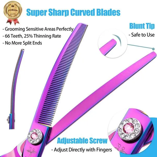 7 Inch Downward Curved Dog Grooming Scissors Thinning Texturizing Shears Professional Safety Blunt Tip Trimming Shearing for Dogs Cats Face Paws Limbs Japanese Stainless Steel Purple