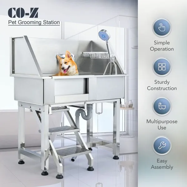 CO-Z 34 Inch Dog Pet Washing Grooming Station for Home, Stainless Steel Pet Dog Bathtub, Professional Dog Shower Tub, Dog Wash Sink Station for Large & Medium Dogs, with Sprayer Steps 175 lb. Capacity