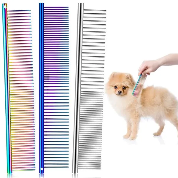 3 Pieces Pet Steel Combs, Pet Dog Cat Grooming Comb Multi-color Dog Comb with Stainless Steel Teeth for Removing Tangles and Knots for Long and Short Haired Dog, 7.5 x 1.3 Inch