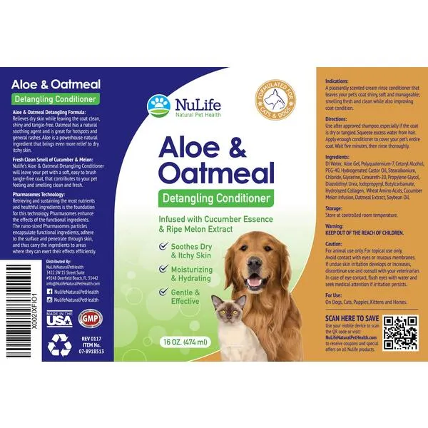 Oatmeal Dog Conditioner for Dry Itchy Skin with Soothing Aloe Vera, Suitable for All Pets, with Cucumber Essence and Ripe Melon Extract, Moisturizes and Detangles Matted Hair, 16 Oz