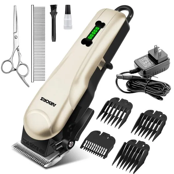 AIBORS Dog Clippers for Grooming for Thick Coats, Low Noise Cordless Professional Heavy Duty Dog Grooming Kit, Pet Hair Grooming Clippers,Dog Shaver for Small Large Dogs Cats Pets (Gold)