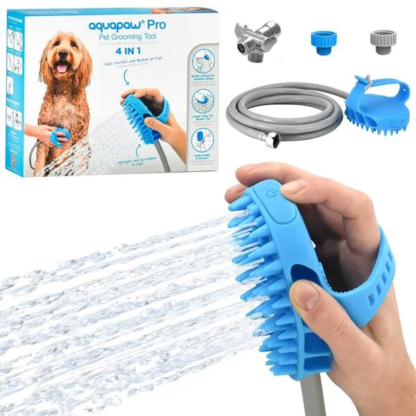 Aquapaw 4 in 1 Dog Bath Brush Pro for Dog Washing, Scrubbing, Massaging & Grooming | As Seen on Shark Tank - Fast & Easy Indoor & Outdoor Pet Shower & Sprayer Attachment | Includes 8-Foot Hose | Blue