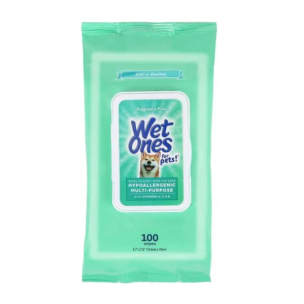 Wet Ones for Pets Hypoallergenic Multi-Purpose Dog Wipes with Vitamins A, C & E | No Fragrance Hypoallergenic Dog Wipes for All Dogs Wipes Multipurpose | 100 Count Pouch Dog Wipes