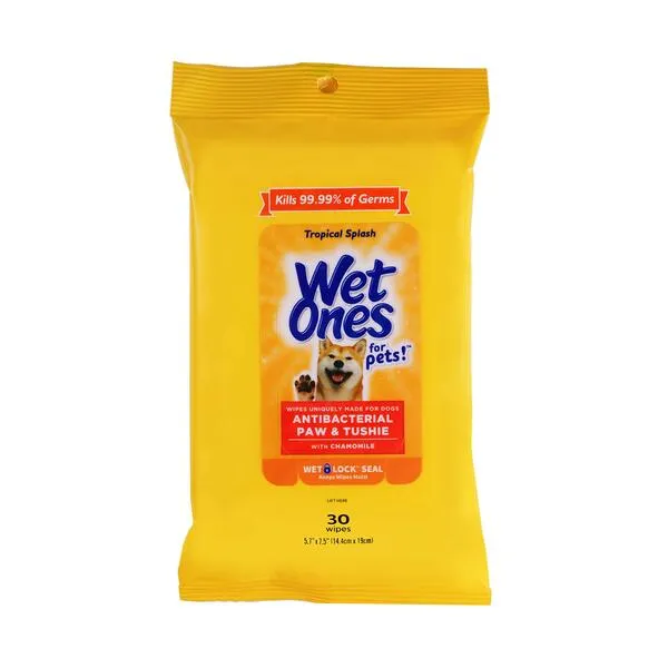 Wet Ones for Pets Paw & Tushie Dog Wipes with Chamomile | Dog Wipes for All Dogs in Tropical Splash Scent, Wipes with Wet Lock Seal | 30 Ct Pouch Dog Paw Wipes